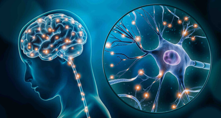An image of the human brain with nerve cells firing and then a zoomed in image of a nerve with impulses going off in various directions