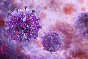 3D medical illustration of HIV virus cells.