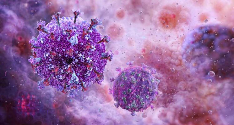 3D medical illustration of HIV virus cells.